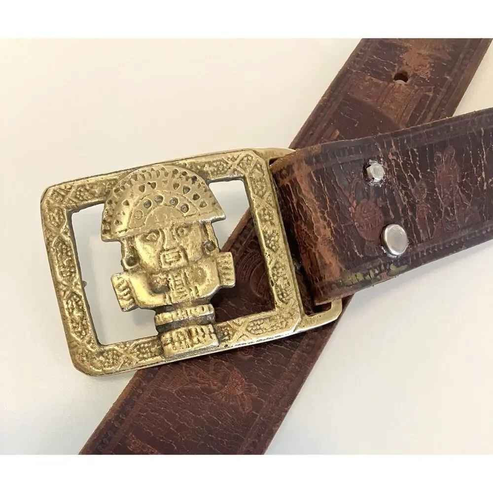 Vintage Brass Buckle Belt Tooled Leather Peruvian Inca Tumi God Native Symbols